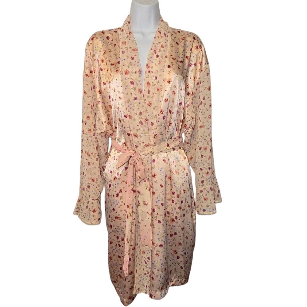 Oscar de la Renta Pink Label Satin Romantic Robe Sheer Panels Boudoir Floral